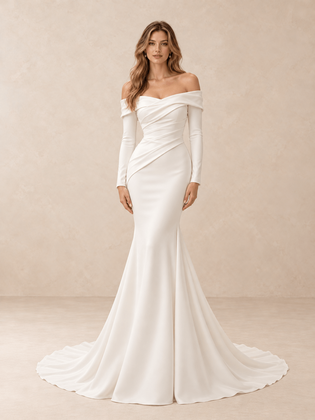 Off-the-Shoulder Long Sleeve Draped Mermaid Wedding Dress