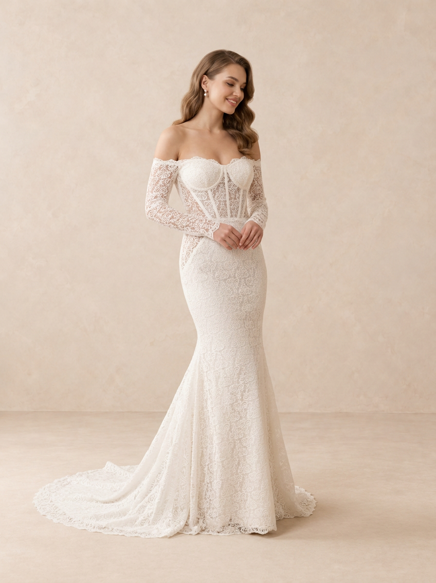 Off-the-Shoulder Long Sleeve Lace Mermaid Wedding Dress with Sweeping Train