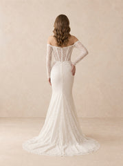 Off-the-Shoulder Long Sleeve Lace Mermaid Wedding Dress with Sweeping Train