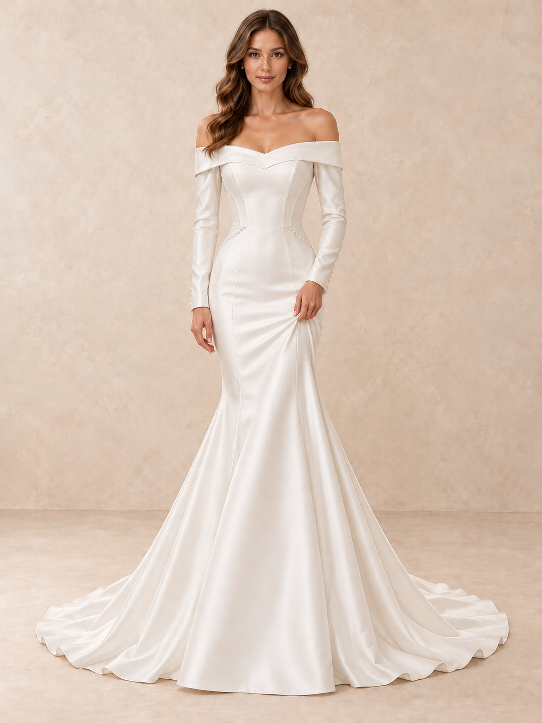 Off-the-Shoulder Long Sleeves Satin Mermaid Wedding Dress