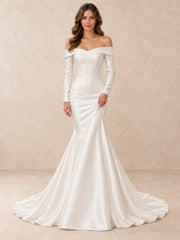 Off-the-Shoulder Long Sleeves Satin Mermaid Wedding Dress