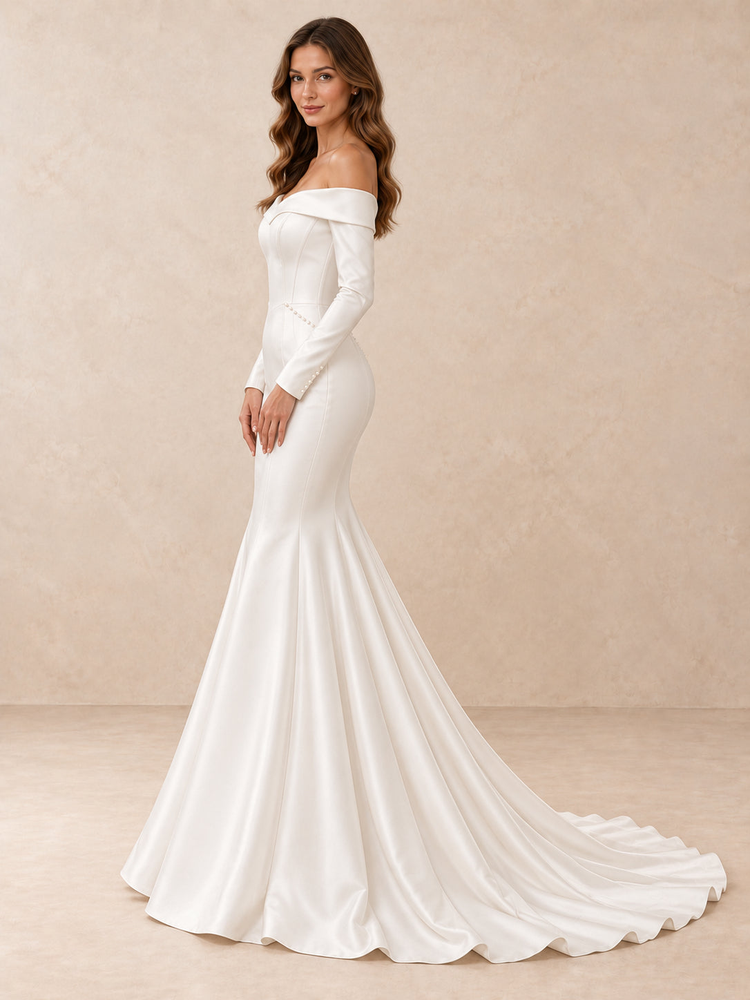 Off-the-Shoulder Long Sleeves Satin Mermaid Wedding Dress