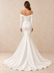 Off-the-Shoulder Long Sleeves Satin Mermaid Wedding Dress