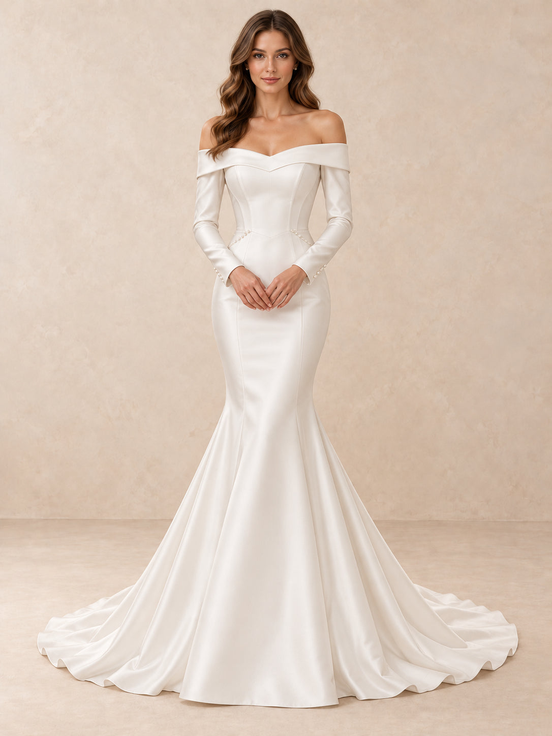 Off-the-Shoulder Long Sleeves Satin Mermaid Wedding Dress