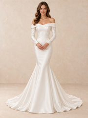 Off-the-Shoulder Long Sleeves Satin Mermaid Wedding Dress