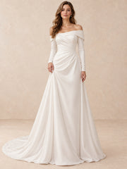 Off-the-Shoulder Long Sleeves Satin Wedding Dress with Sweep Train