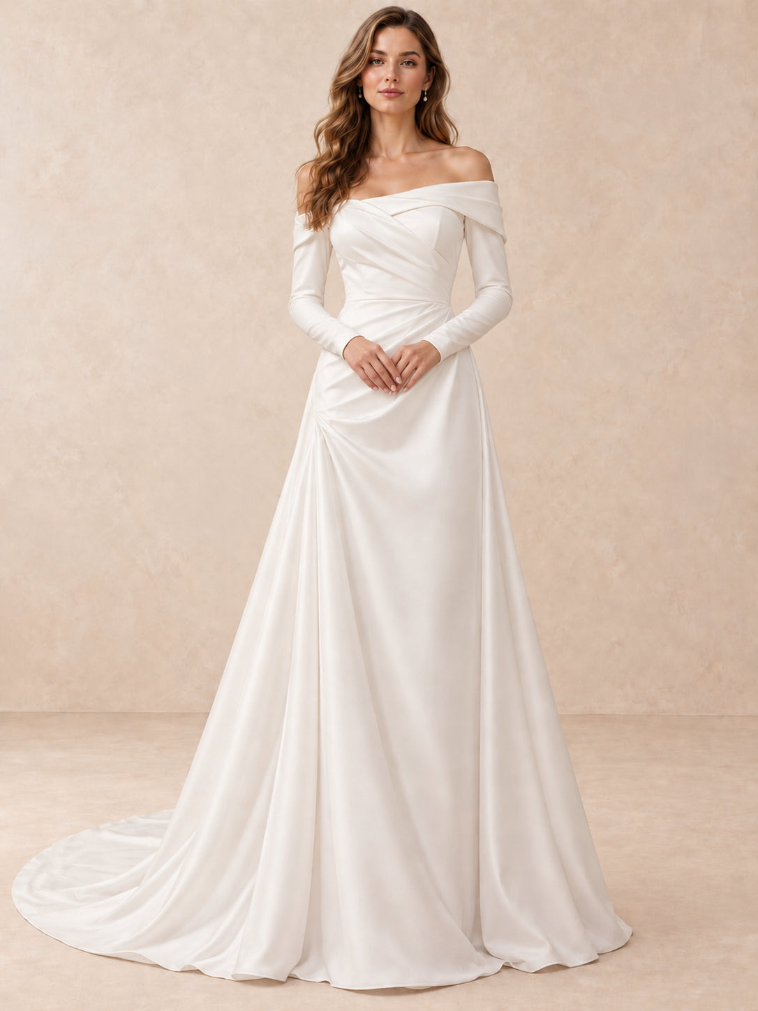 Off-the-Shoulder Long Sleeves Satin Wedding Dress with Sweep Train