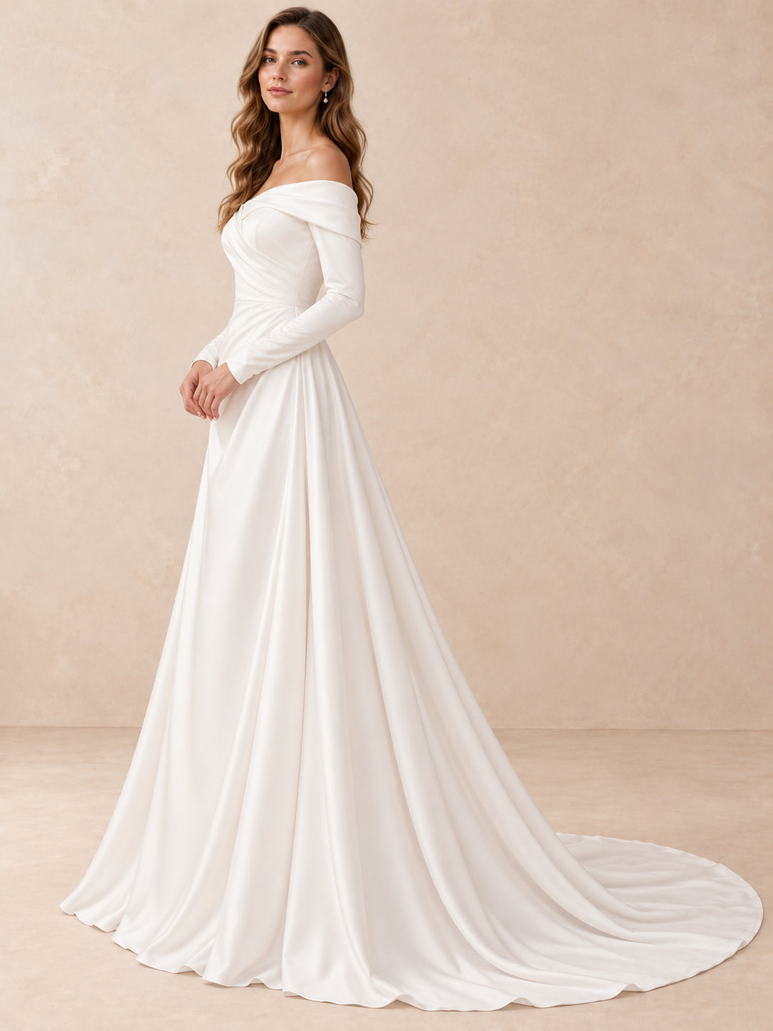 Off-the-Shoulder Long Sleeves Satin Wedding Dress with Sweep Train