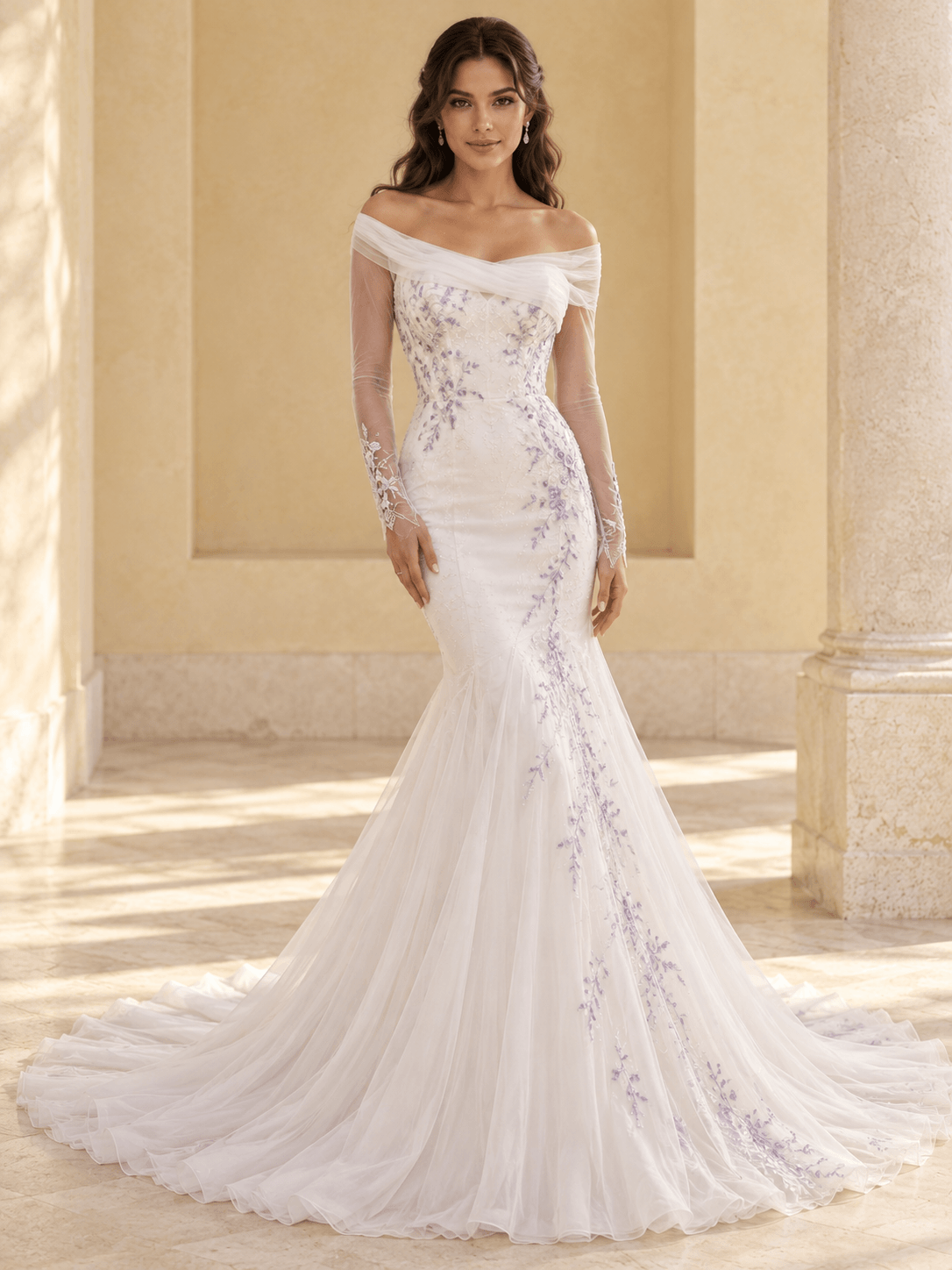 Off-the-Shoulder Mermaid Wedding Dress with Lavender Lace & Long Sleeves
