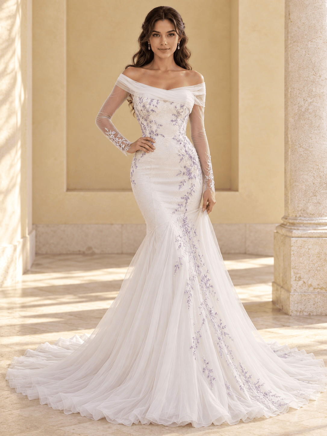 Off-the-Shoulder Mermaid Wedding Dress with Lavender Lace & Long Sleeves