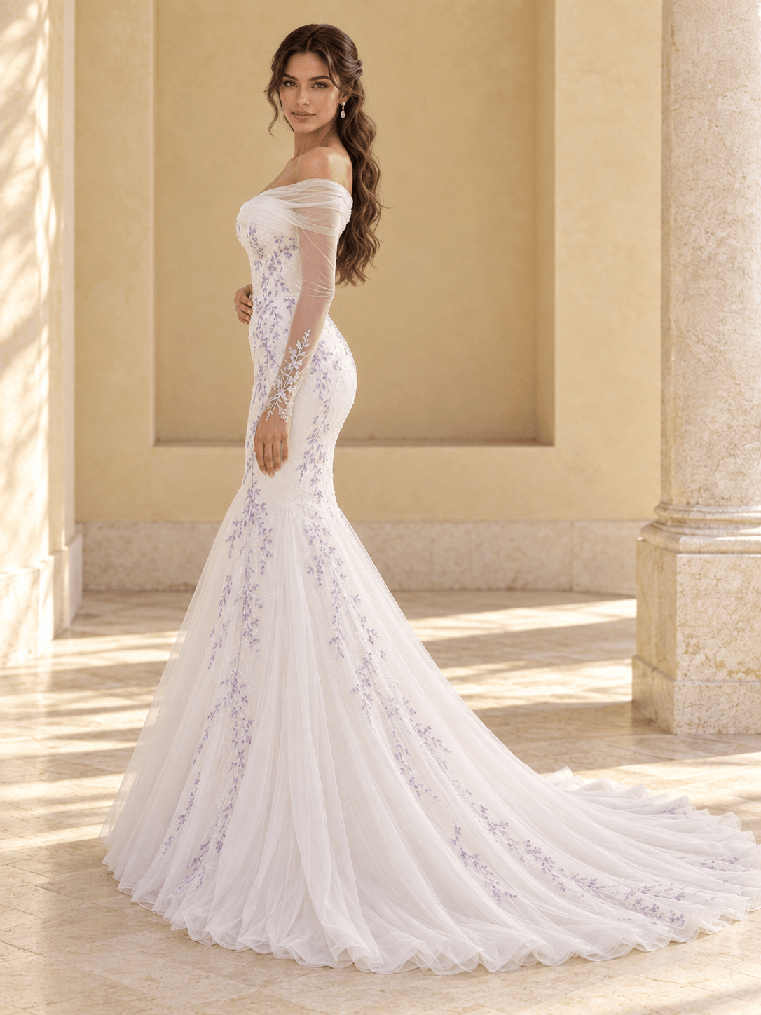 Off-the-Shoulder Mermaid Wedding Dress with Lavender Lace & Long Sleeves