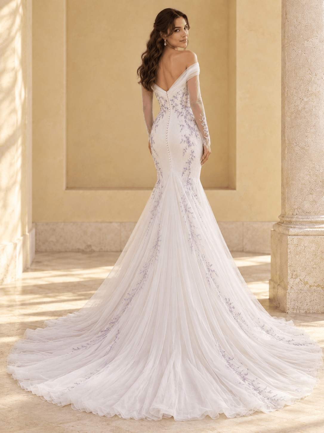 Off-the-Shoulder Mermaid Wedding Dress with Lavender Lace & Long Sleeves