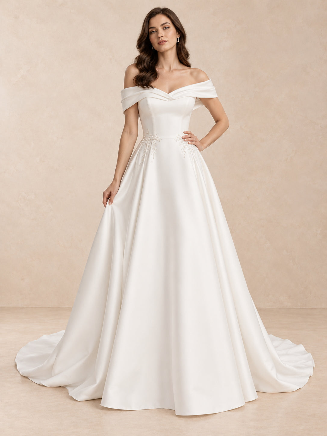 Off-the-Shoulder Mikado A-Line Wedding Dress with Embroidery