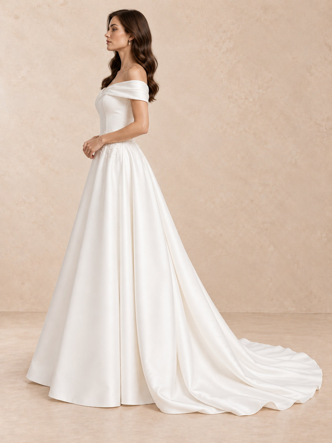 Off-the-Shoulder Mikado A-Line Wedding Dress with Embroidery