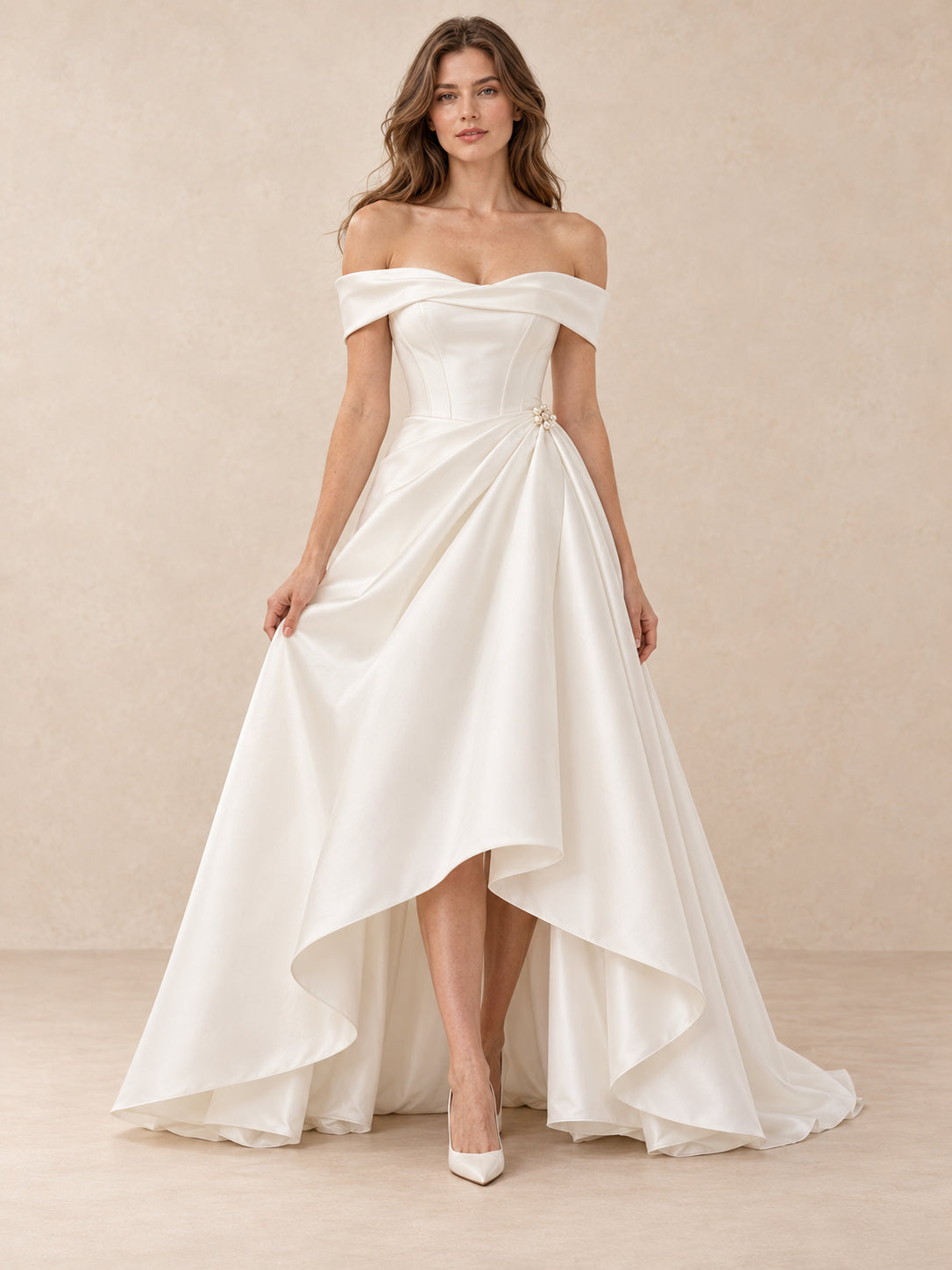 Off-the-Shoulder Mikado Satin High-Low Wedding Dress with Pearl Detail