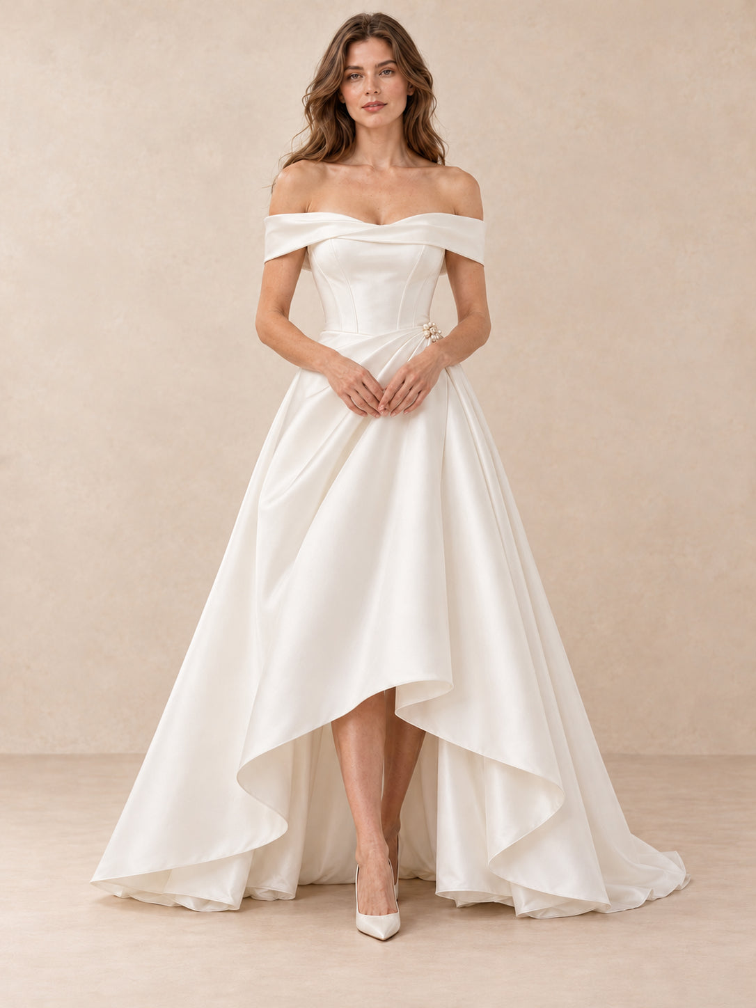 Off-the-Shoulder Mikado Satin High-Low Wedding Dress with Pearl Detail