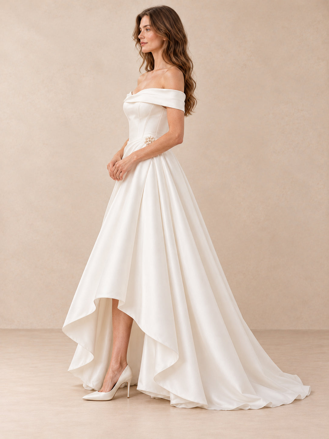 Off-the-Shoulder Mikado Satin High-Low Wedding Dress with Pearl Detail