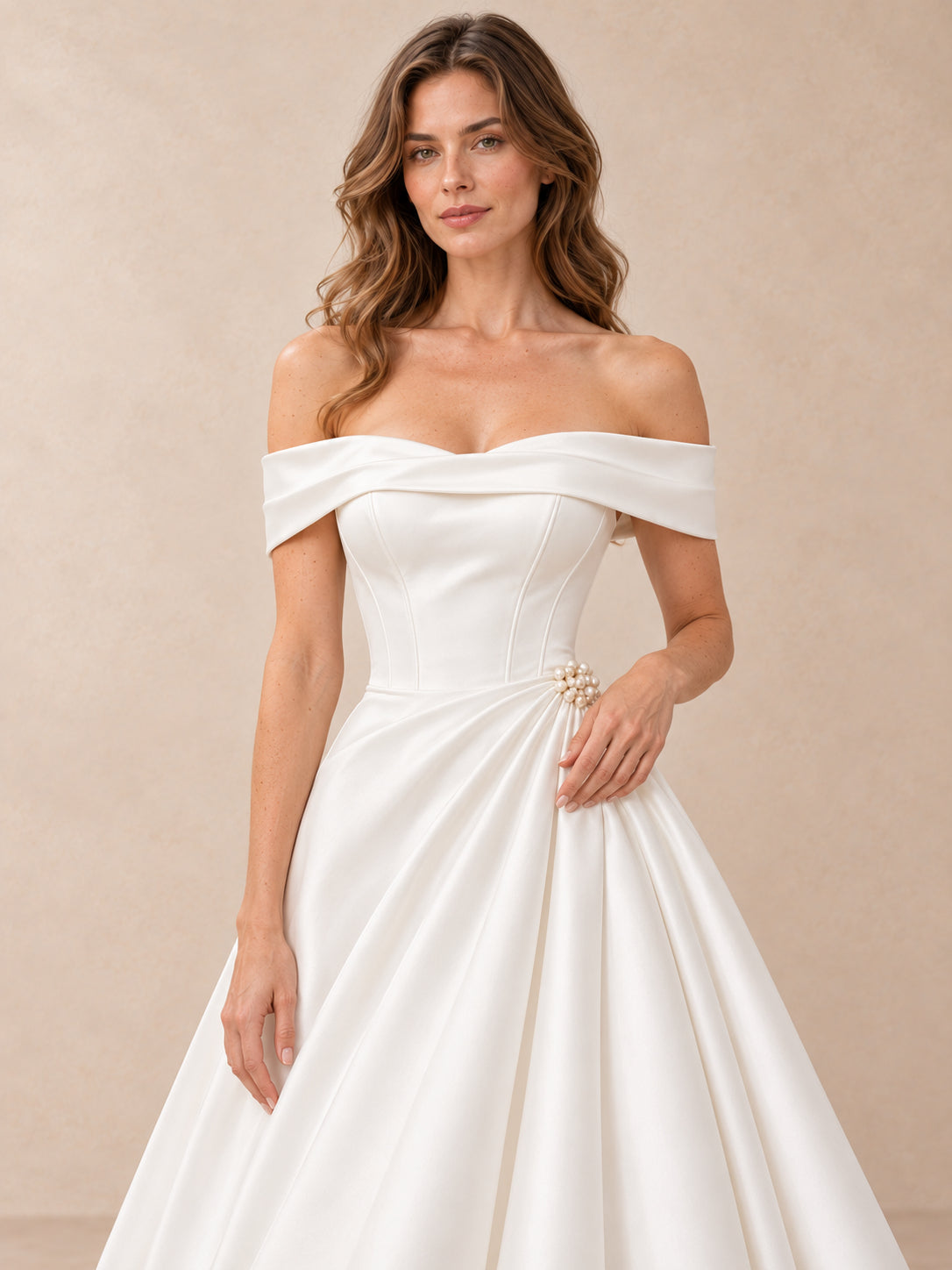 Off-the-Shoulder Mikado Satin High-Low Wedding Dress with Pearl Detail