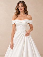 Off-the-Shoulder Mikado Satin High-Low Wedding Dress with Pearl Detail
