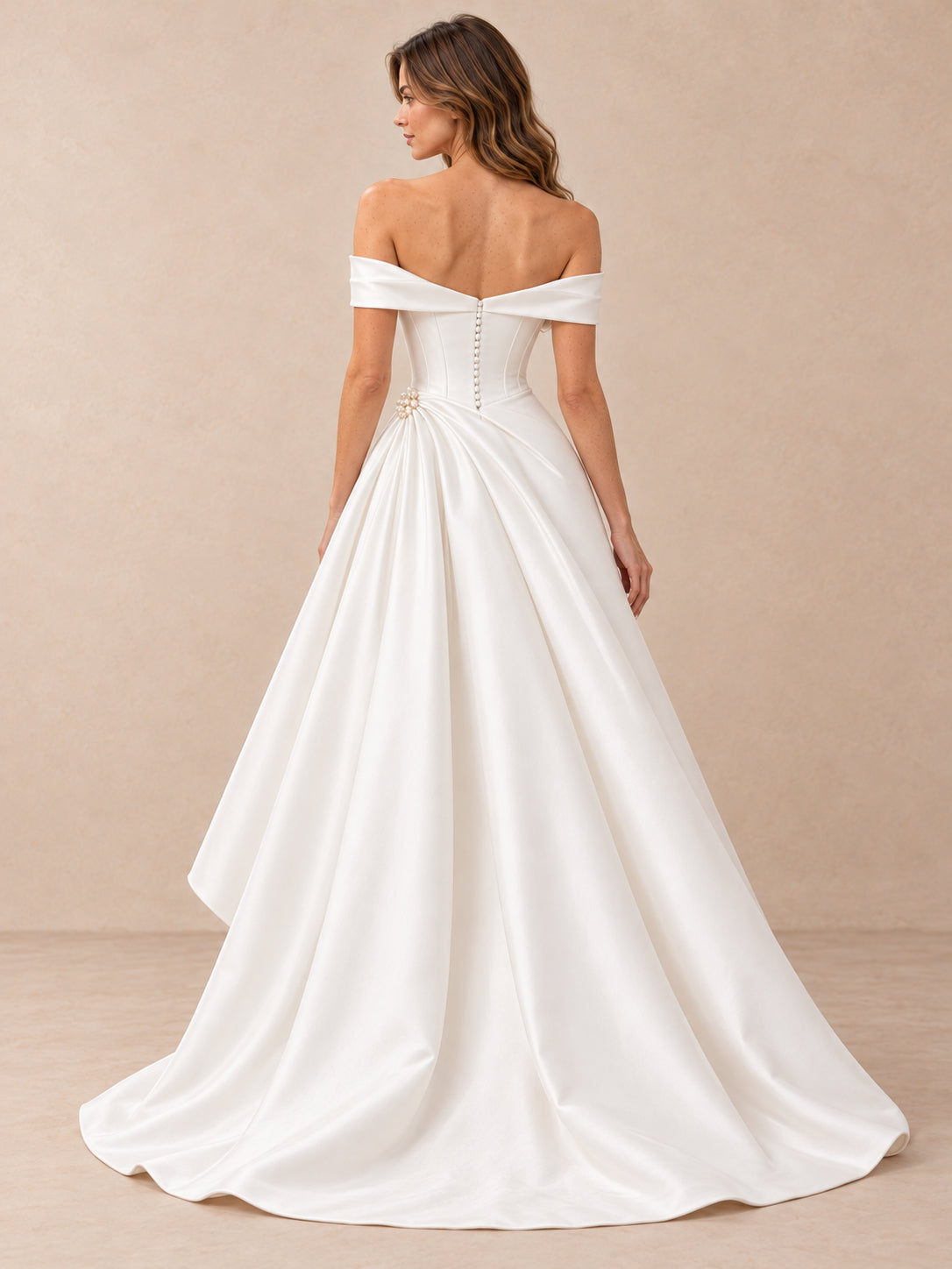 Off-the-Shoulder Mikado Satin High-Low Wedding Dress with Pearl Detail