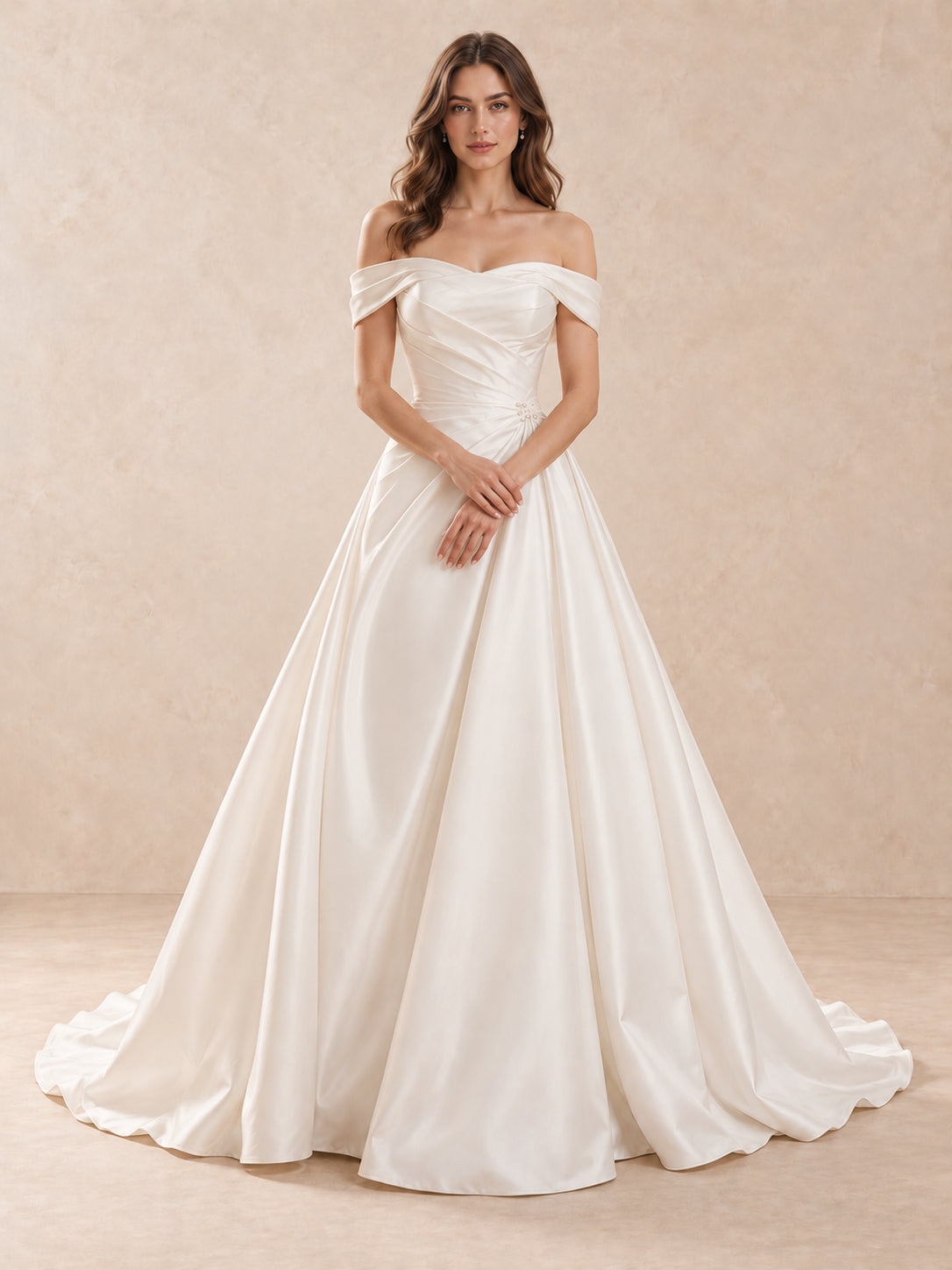 Off-the-Shoulder Mikado Satin Wedding Dress with Pearl Waist Accents