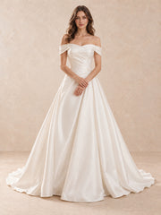Off-the-Shoulder Mikado Satin Wedding Dress with Pearl Waist Accents