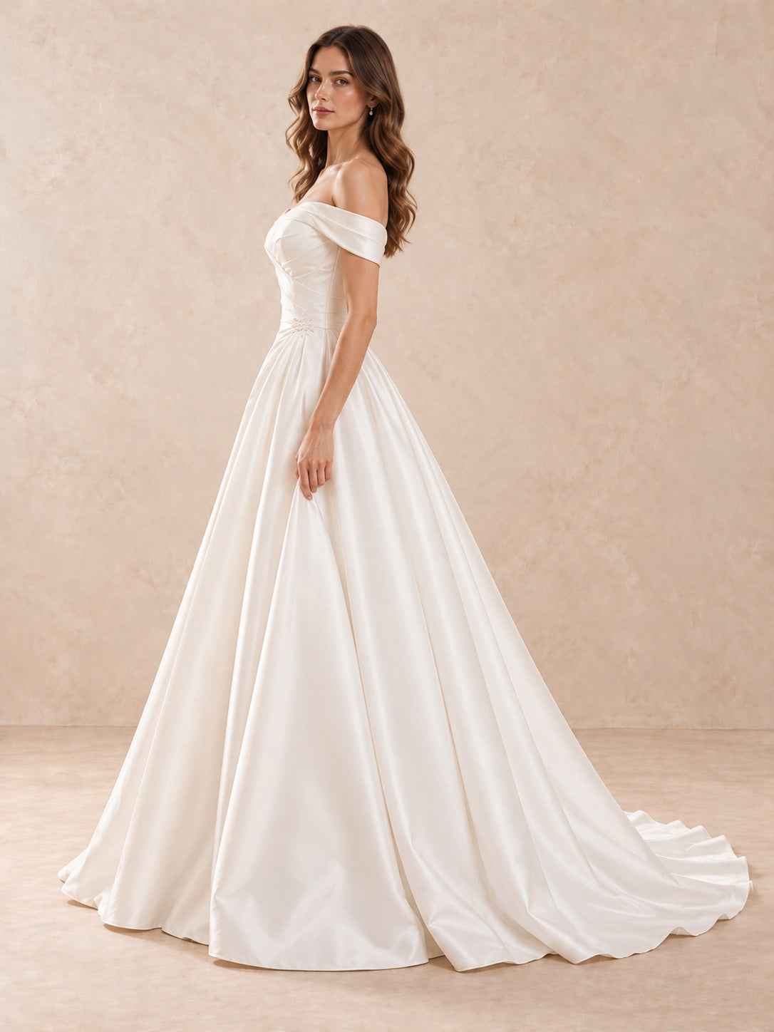Off-the-Shoulder Mikado Satin Wedding Dress with Pearl Waist Accents