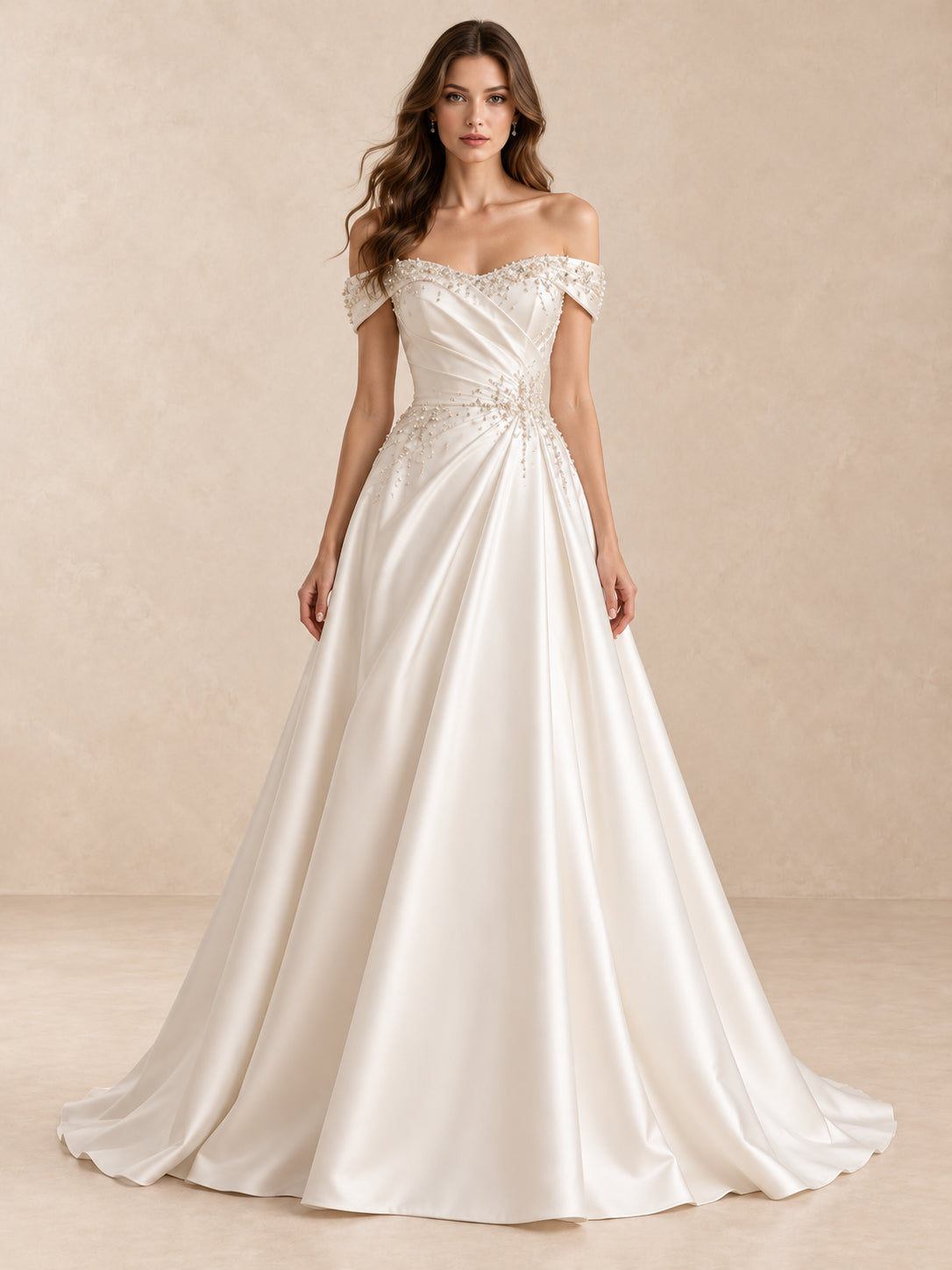 Off-the-Shoulder Pearl-Beaded Satin Wedding Dress with Sweep Train