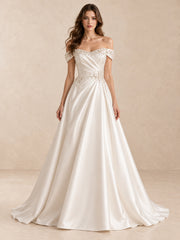 Off-the-Shoulder Pearl-Beaded Satin Wedding Dress with Sweep Train