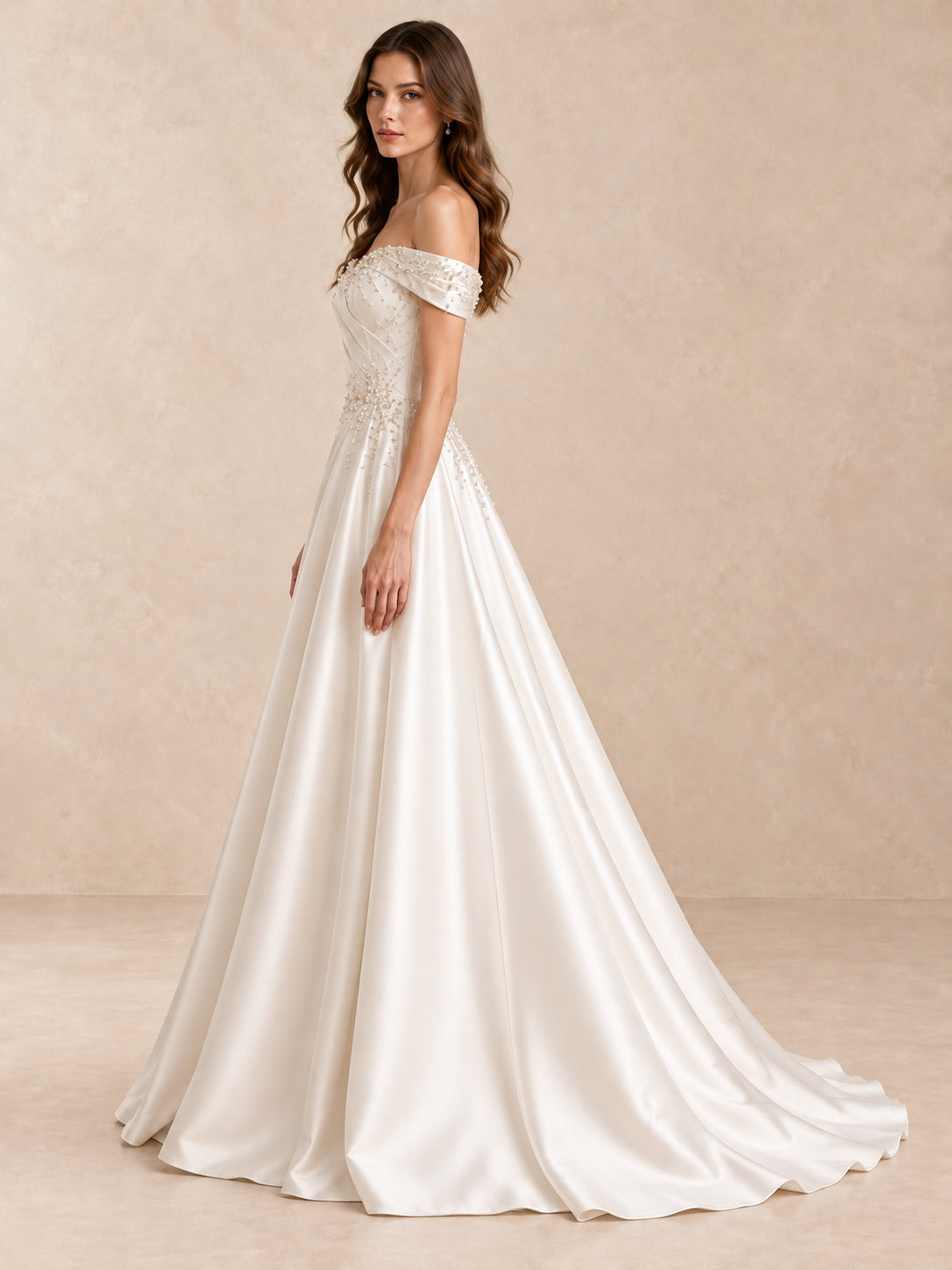 Off-the-Shoulder Pearl-Beaded Satin Wedding Dress with Sweep Train