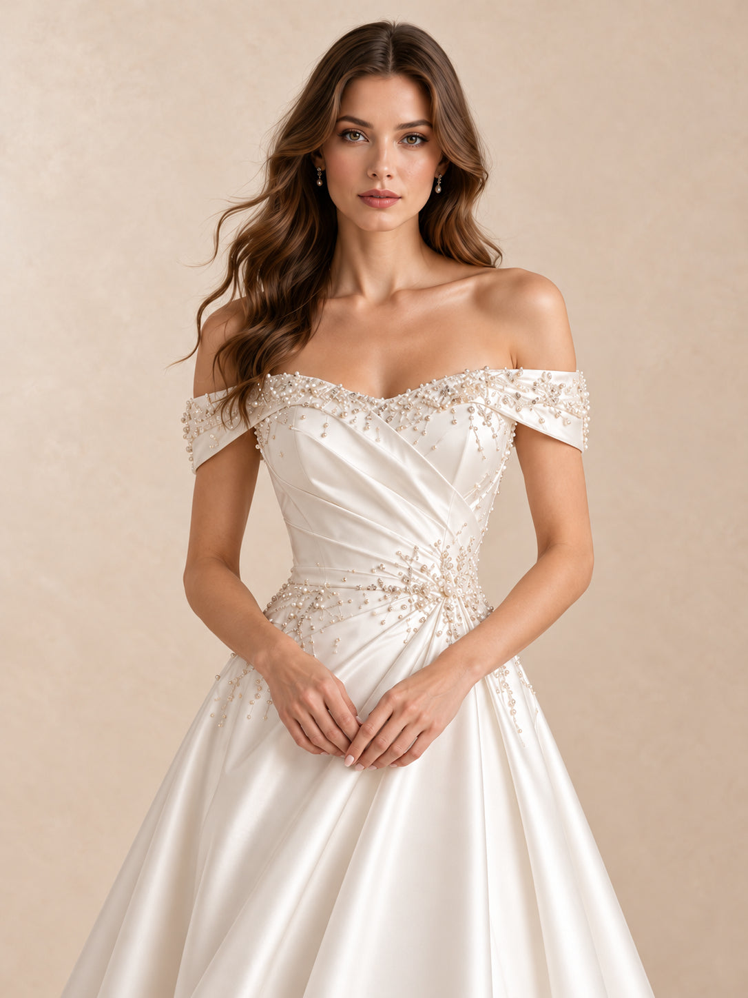 Off-the-Shoulder Pearl-Beaded Satin Wedding Dress with Sweep Train