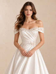 Off-the-Shoulder Pearl-Beaded Satin Wedding Dress with Sweep Train