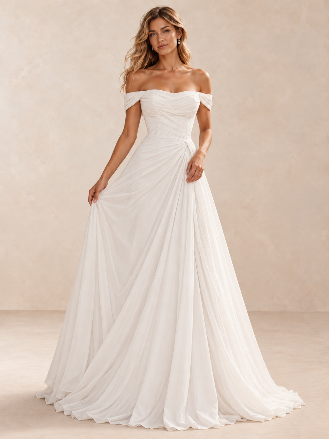 Off-the-Shoulder Ruched Chiffon A-Line Wedding Dress With Sweep Train