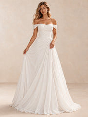 Off-the-Shoulder Ruched Chiffon A-Line Wedding Dress With Sweep Train