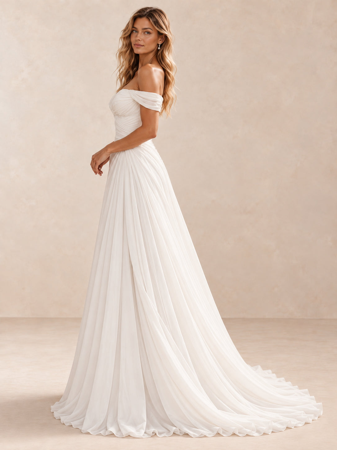 Off-the-Shoulder Ruched Chiffon A-Line Wedding Dress With Sweep Train