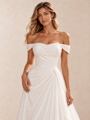 Off-the-Shoulder Ruched Chiffon A-Line Wedding Dress With Sweep Train