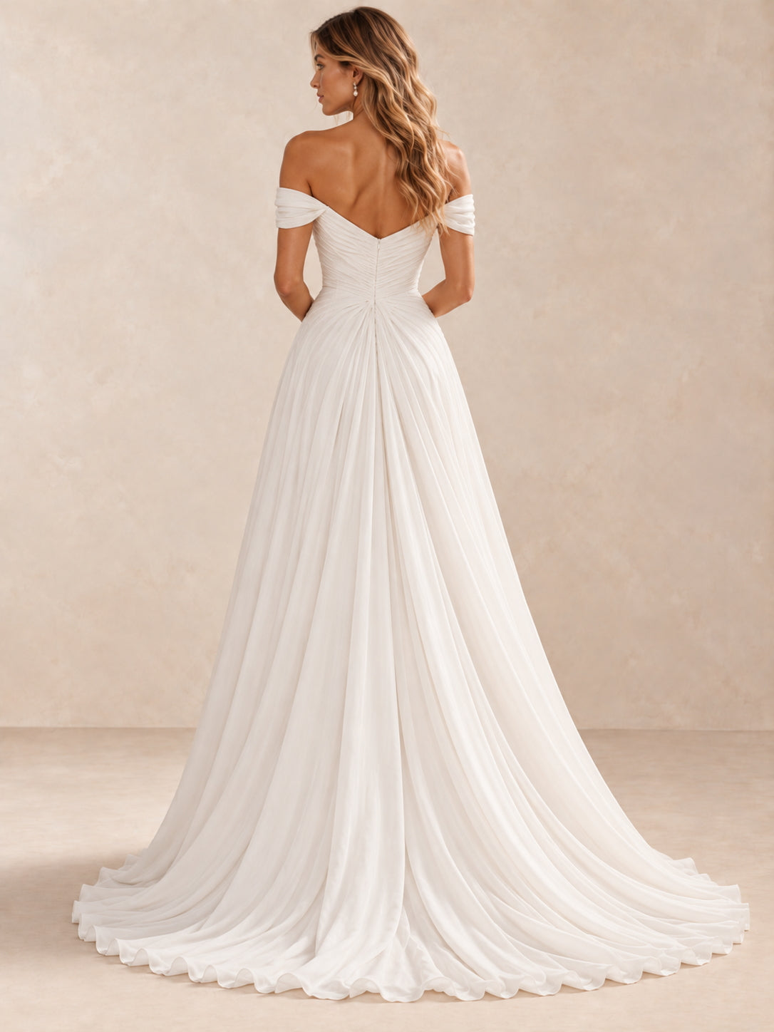 Off-the-Shoulder Ruched Chiffon A-Line Wedding Dress With Sweep Train