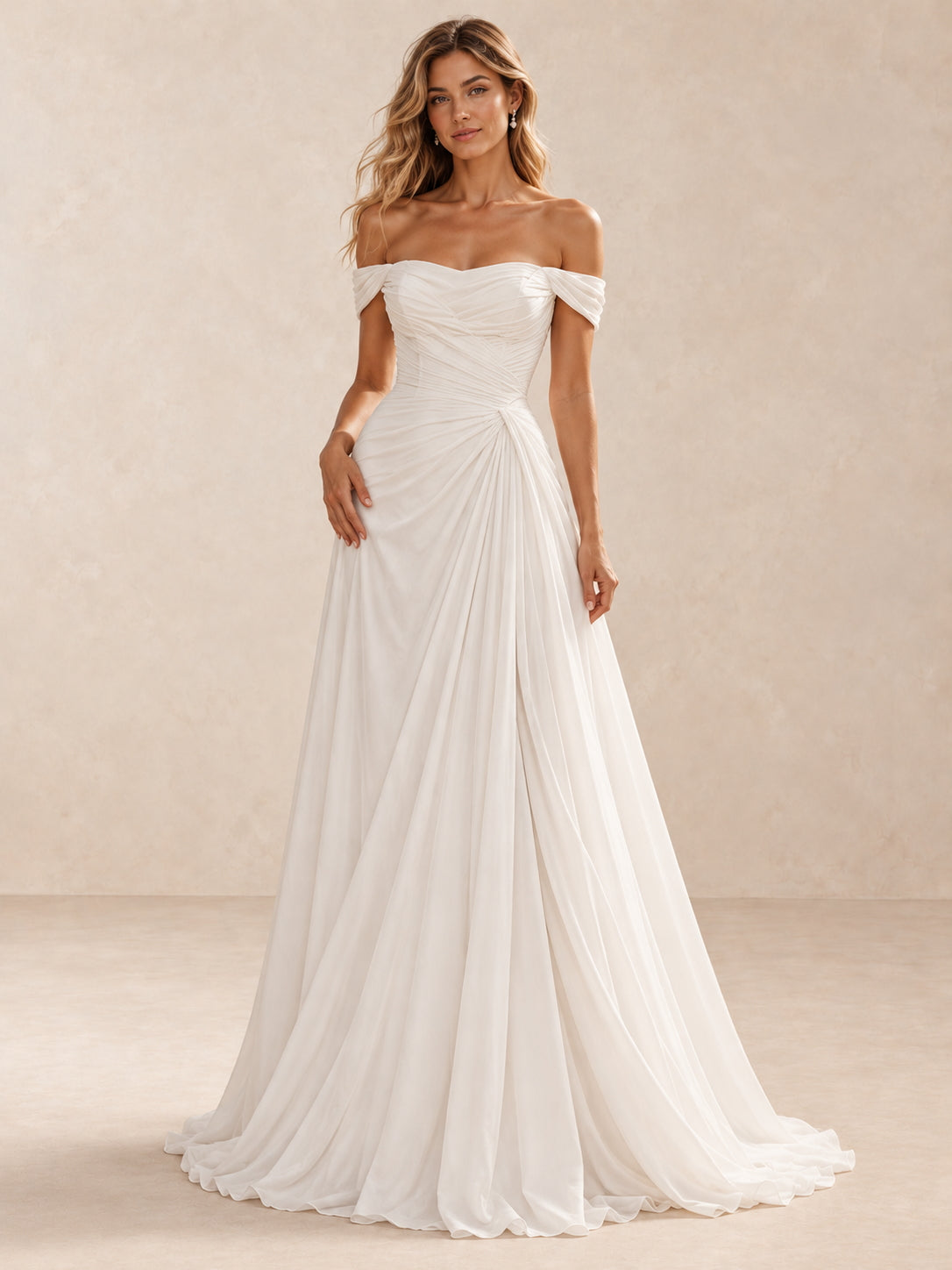 Off-the-Shoulder Ruched Chiffon A-Line Wedding Dress With Sweep Train