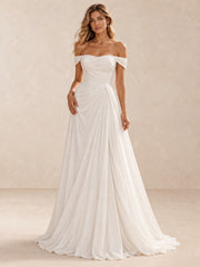 Off-the-Shoulder Ruched Chiffon A-Line Wedding Dress With Sweep Train