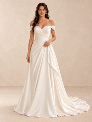 Off-the-Shoulder Satin A-Line Wedding Dress with Asymmetric Draped Bodice