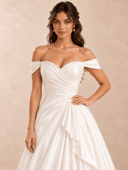 Off-the-Shoulder Satin A-Line Wedding Dress with Asymmetric Draped Bodice