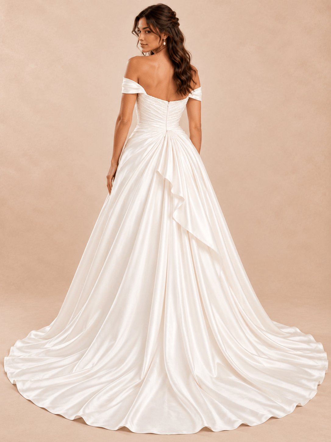 Off-the-Shoulder Satin A-Line Wedding Dress with Asymmetric Draped Bodice