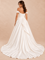 Off-the-Shoulder Satin A-Line Wedding Dress with Asymmetric Draped Bodice