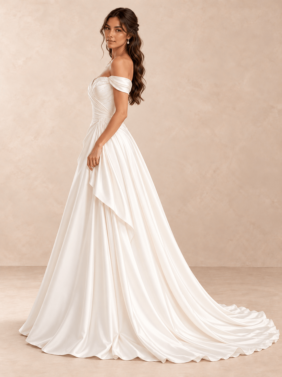 Off-the-Shoulder Satin A-Line Wedding Dress with Asymmetric Draped Bodice