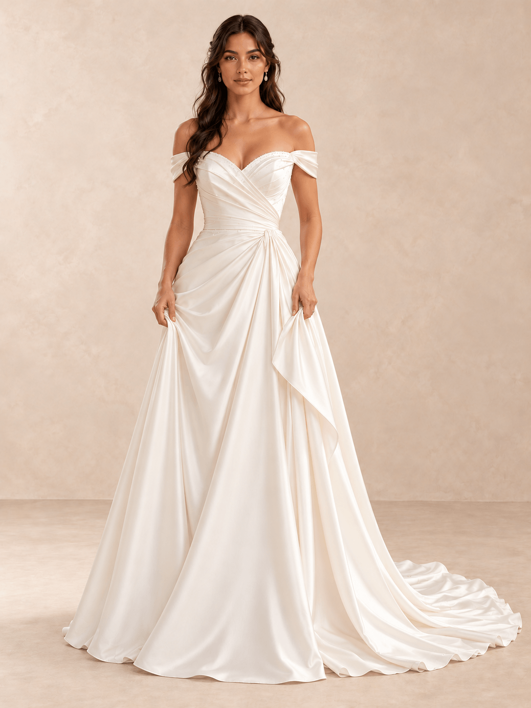 Off-the-Shoulder Satin A-Line Wedding Dress with Asymmetric Draped Bodice