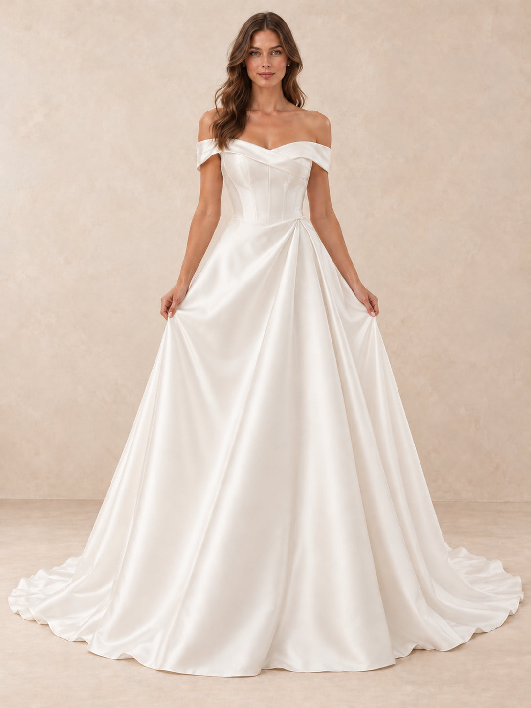 Off-the-Shoulder Satin A-Line Wedding Dress With Button Back