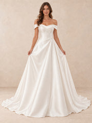 Off-the-Shoulder Satin A-Line Wedding Dress With Button Back