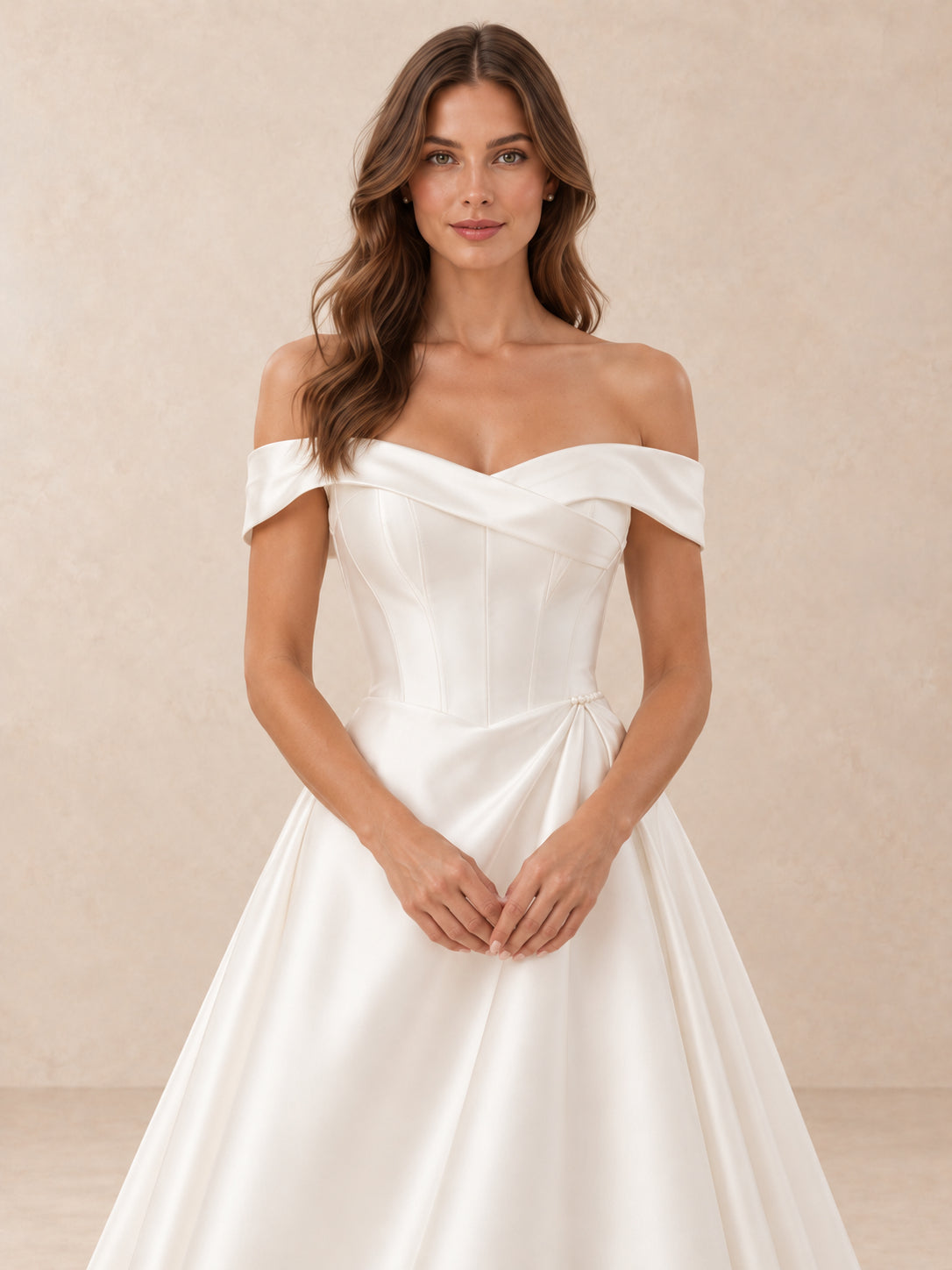 Off-the-Shoulder Satin A-Line Wedding Dress With Button Back
