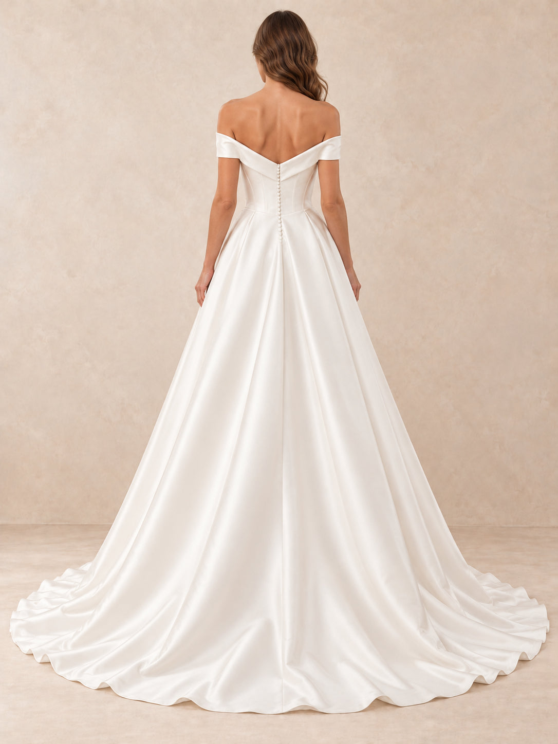 Off-the-Shoulder Satin A-Line Wedding Dress With Button Back