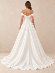 Off-the-Shoulder Satin A-Line Wedding Dress With Button Back